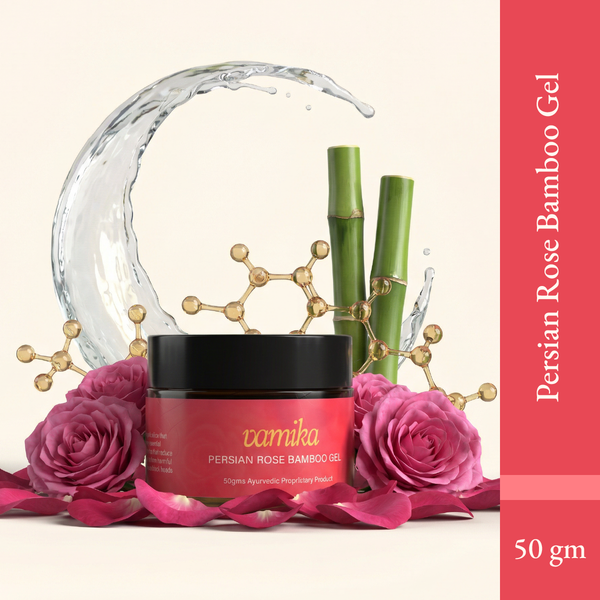 Persian Rose Bamboo Gel in a black jar with a red label, surrounded by pink roses and bamboo, with a decorative crescent.