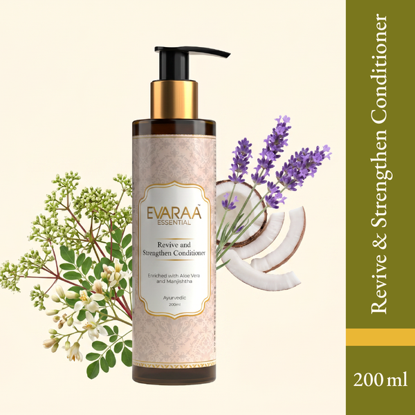 Revive and Strengthen Conditioner bottle with pump, surrounded by aloe vera, lavender, and coconut elements.