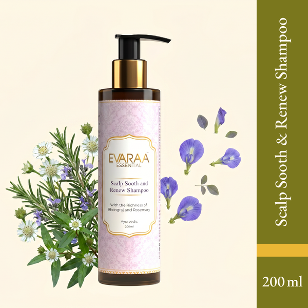 Ayurvedic hair cleanser in a brown bottle with a pump, featuring floral illustrations and a gold label.