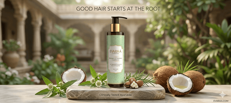 A banner advertisement for Evaraa Essential conditioner, featuring a bottle of the product surrounded by natural ingredients like coconuts, herbs, and oils in an open-air courtyard.