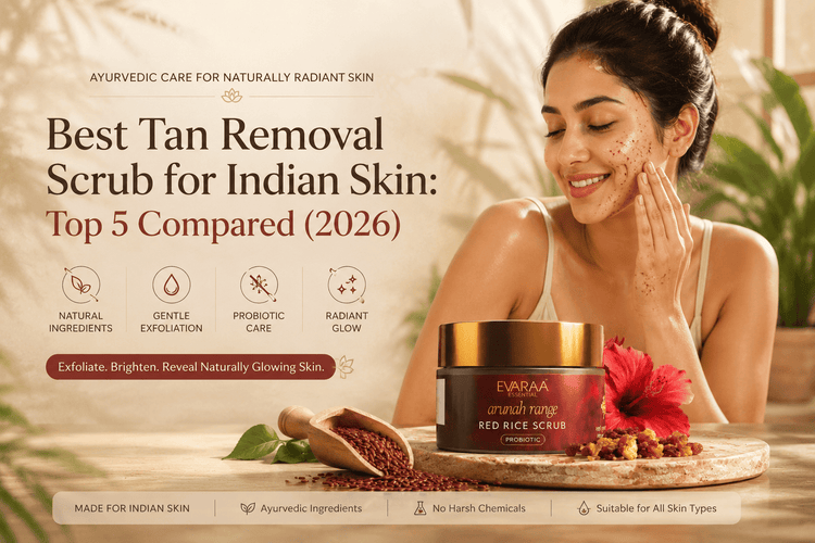 Best tan removal scrub for Indian skin, featuring Evaraa Essential Red Rice Scrub with a woman gently applying the scrub to her face.