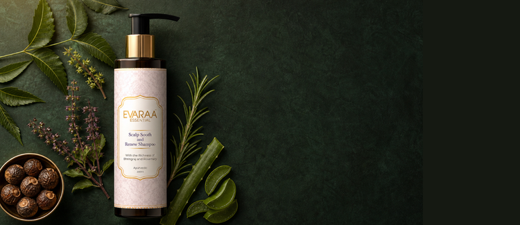 Evaraa Essential Scalp Sooth Hair Cleanser bottle with neem leaves, tulsi, rosemary, aloe vera and reetha on dark green background – best Ayurvedic sulfate-free hair cleanser in India