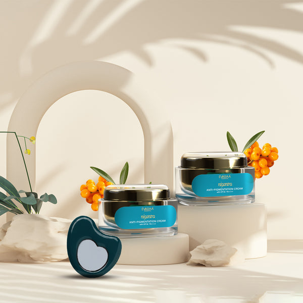 Two jars of anti-pigmentation cream with blue labels and a free Gua Sha tool, surrounded by decorative elements.