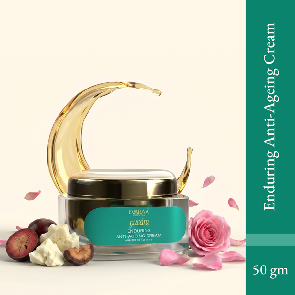 Enduring Anti-Aging Cream in a glass jar with a gold lid, surrounded by rose petals and natural ingredients.
