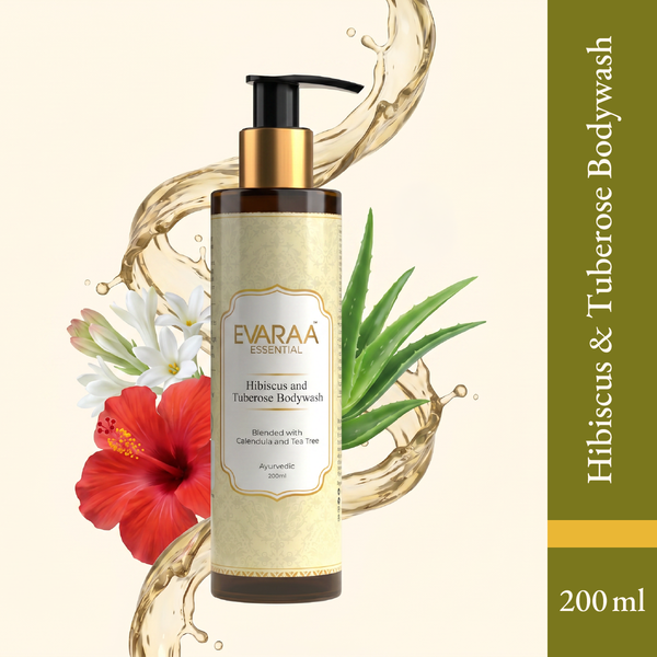 Hibiscus and Tuberose Bodywash in a pump bottle with floral and green leaf accents, 200 ml, Evaraa Essential branding