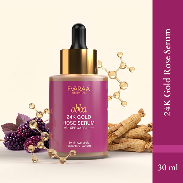 24k Gold Rose Serum in a glass bottle with a dropper, surrounded by herbs and berries, featuring a purple label.