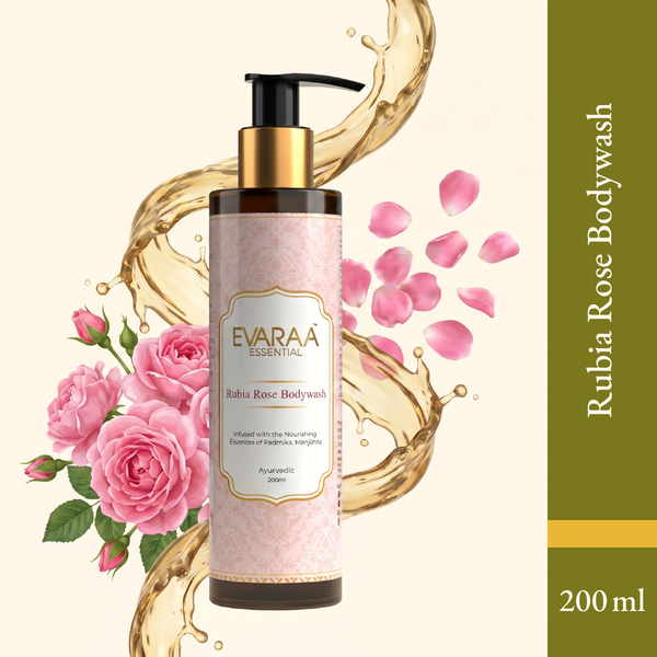Rubia Rose Bodywash in a pump bottle with floral design, surrounded by rose petals and splashes of liquid.