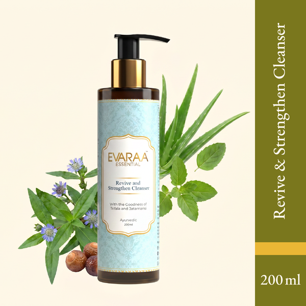 Ayurvedic hair cleanser in a brown bottle with a pump, surrounded by green leaves and herbs, labeled Evaraa Essential.